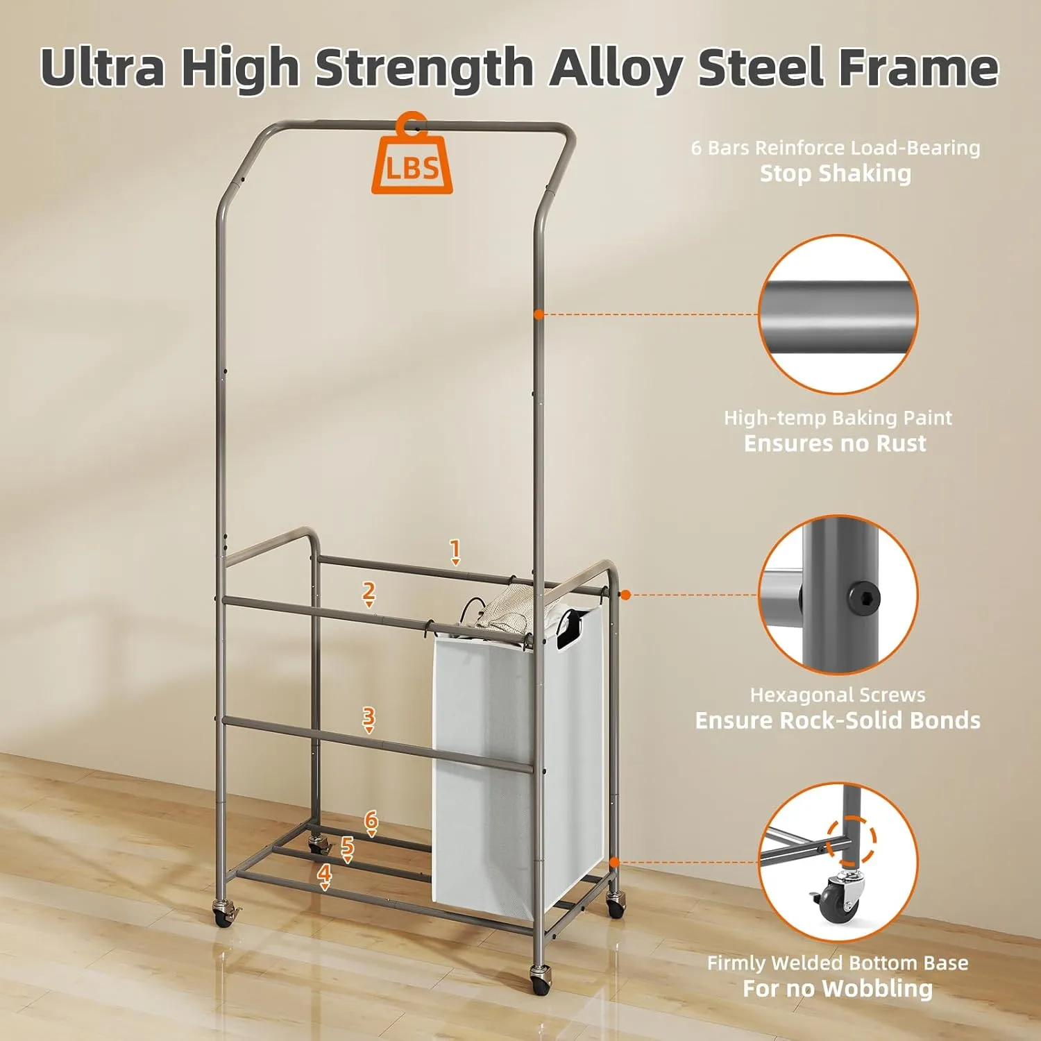 ROMOON Rolling Laundry Basket Organizer with Hanging Clothes Rack: 3 Section Laundry Hamper Sorter with Hanging Bar and Heavy-duty Lockable Wheels - Clothes Rack with Laundry baskets, 2025 Upgrade