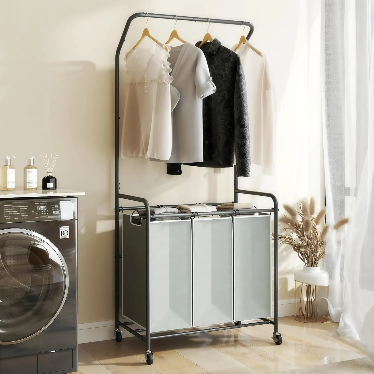 ROMOON Rolling Laundry Basket Organizer with Hanging Clothes Rack: 3 Section Laundry Hamper Sorter with Hanging Bar and Heavy-duty Lockable Wheels - Clothes Rack with Laundry baskets, 2025 Upgrade