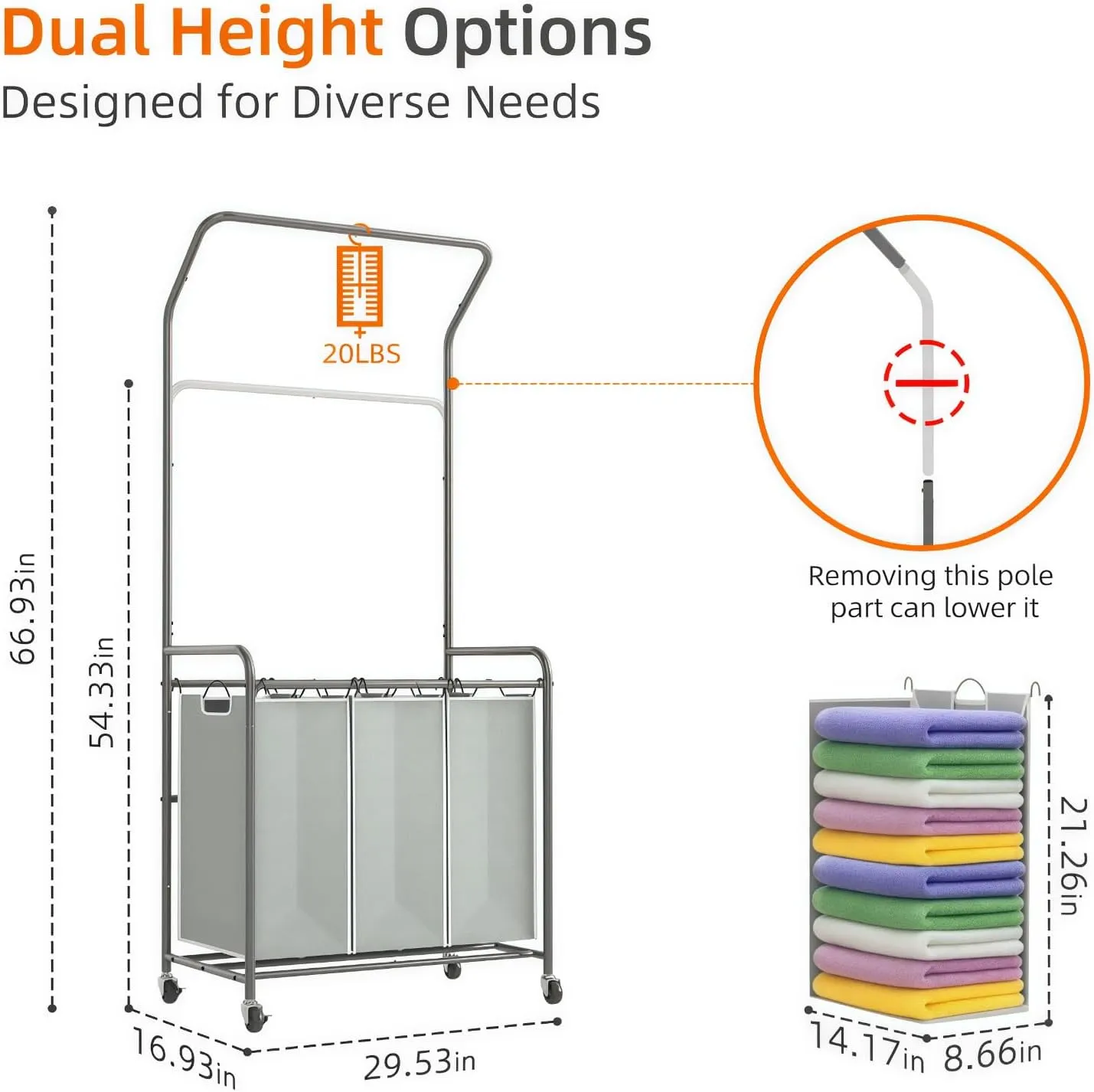 ROMOON Rolling Laundry Basket Organizer with Hanging Clothes Rack: 3 Section Laundry Hamper Sorter with Hanging Bar and Heavy-duty Lockable Wheels - Clothes Rack with Laundry baskets, 2025 Upgrade