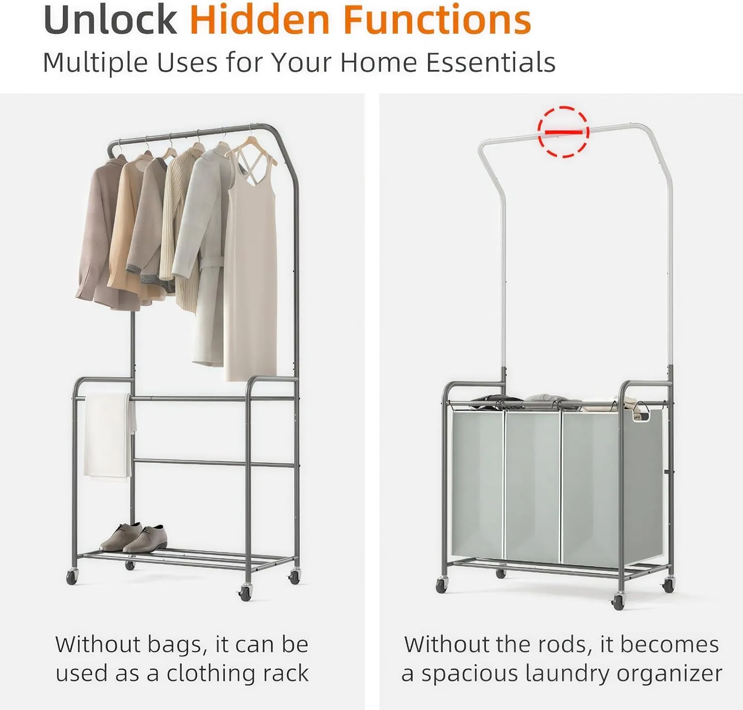 ROMOON Rolling Laundry Basket Organizer with Hanging Clothes Rack: 3 Section Laundry Hamper Sorter with Hanging Bar and Heavy-duty Lockable Wheels - Clothes Rack with Laundry baskets, 2025 Upgrade