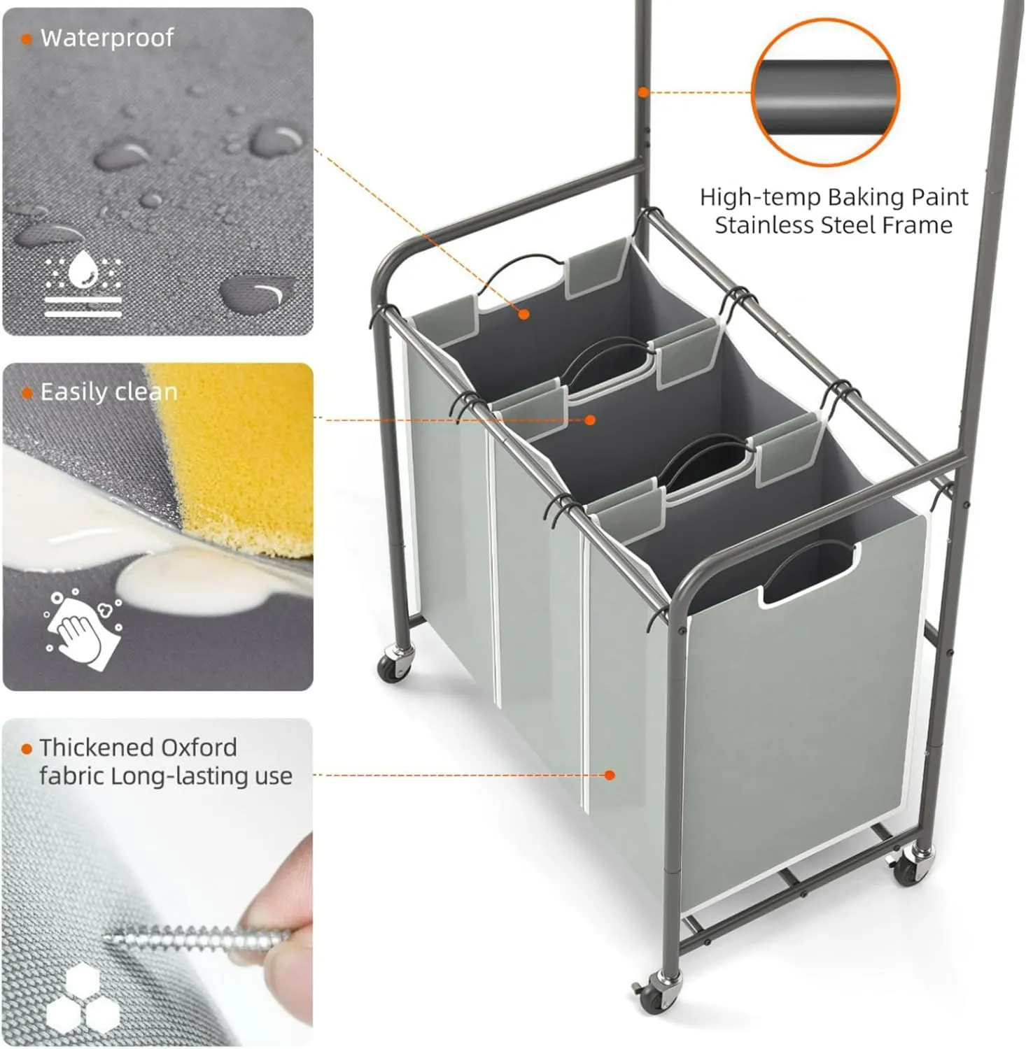 ROMOON Rolling Laundry Basket Organizer with Hanging Clothes Rack: 3 Section Laundry Hamper Sorter with Hanging Bar and Heavy-duty Lockable Wheels - Clothes Rack with Laundry baskets, 2025 Upgrade