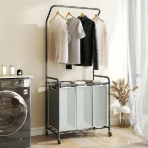 ROMOON Rolling Laundry Basket Organizer with Hanging Clothes Rack: 3 Section Laundry Hamper Sorter with Hanging Bar and Heavy-duty Lockable Wheels - Clothes Rack with Laundry baskets, 2025 Upgrade