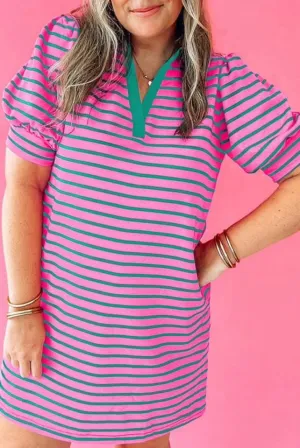 Rose Stripe Collared V Neck Puff Sleeve Shift T Shirt Dress with Pockets - PREORDER