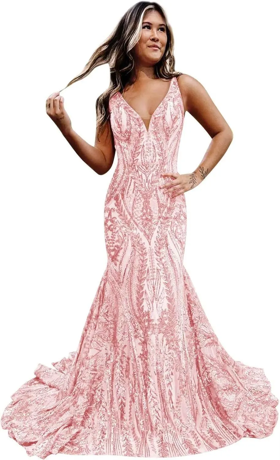 RSOETOO Women's Sequin Prom Dress 2025 Long Bodycon Formal Dresses for Teens V Neck Ball Gowns RO143