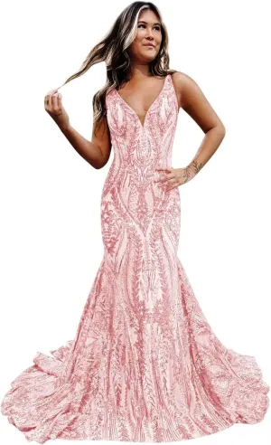 RSOETOO Women's Sequin Prom Dress 2025 Long Bodycon Formal Dresses for Teens V Neck Ball Gowns RO143