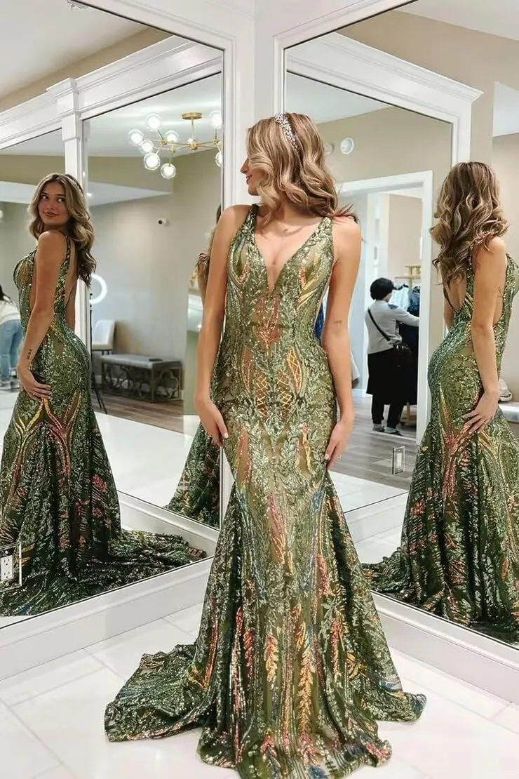 RSOETOO Women's Sequin Prom Dress 2025 Long Bodycon Formal Dresses for Teens V Neck Ball Gowns RO143