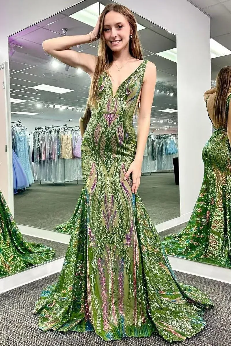 RSOETOO Women's Sequin Prom Dress 2025 Long Bodycon Formal Dresses for Teens V Neck Ball Gowns RO143