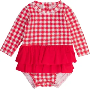 RuffleButts Baby Girls UPF 50  Sun Protection Tulle Skirted Long Sleeve One Piece Rash Guard Swimsuit