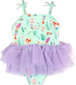 RuffleButts Girls UPF50  Sun Protection Peplum Smocked Bodice/Tulle Skirted One Piece Swimsuit