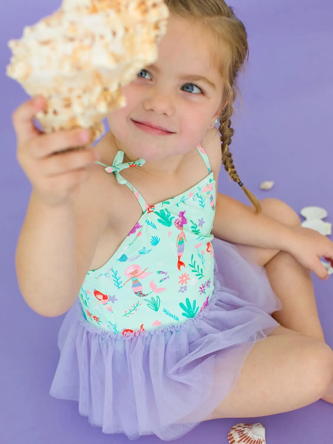 RuffleButts Girls UPF50  Sun Protection Peplum Smocked Bodice/Tulle Skirted One Piece Swimsuit