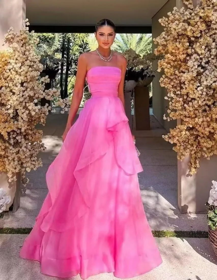 Ruffles Tulle Prom Dress Strapless Formal Evening Party Dresses 2025 Long Ball Gown A-Line Corset Tube Prom Gowns
