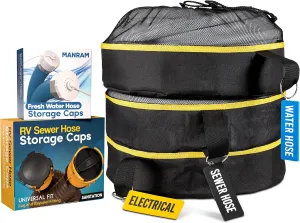 RV Hose Storage Bag (3 Pk) Camper and RV Accessories Inside - Travel RV Sewer Hose & Fresh Water Hose Storage Caps, Electrical Cord Camper Storage - Organization Hose Holder Bags for Camping Trailers