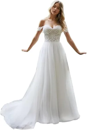RYANTH Lace Appliques Tulle Wedding Dresses for Bride 2025 Simple Boho Beach Wedding Bridal Gown with Train