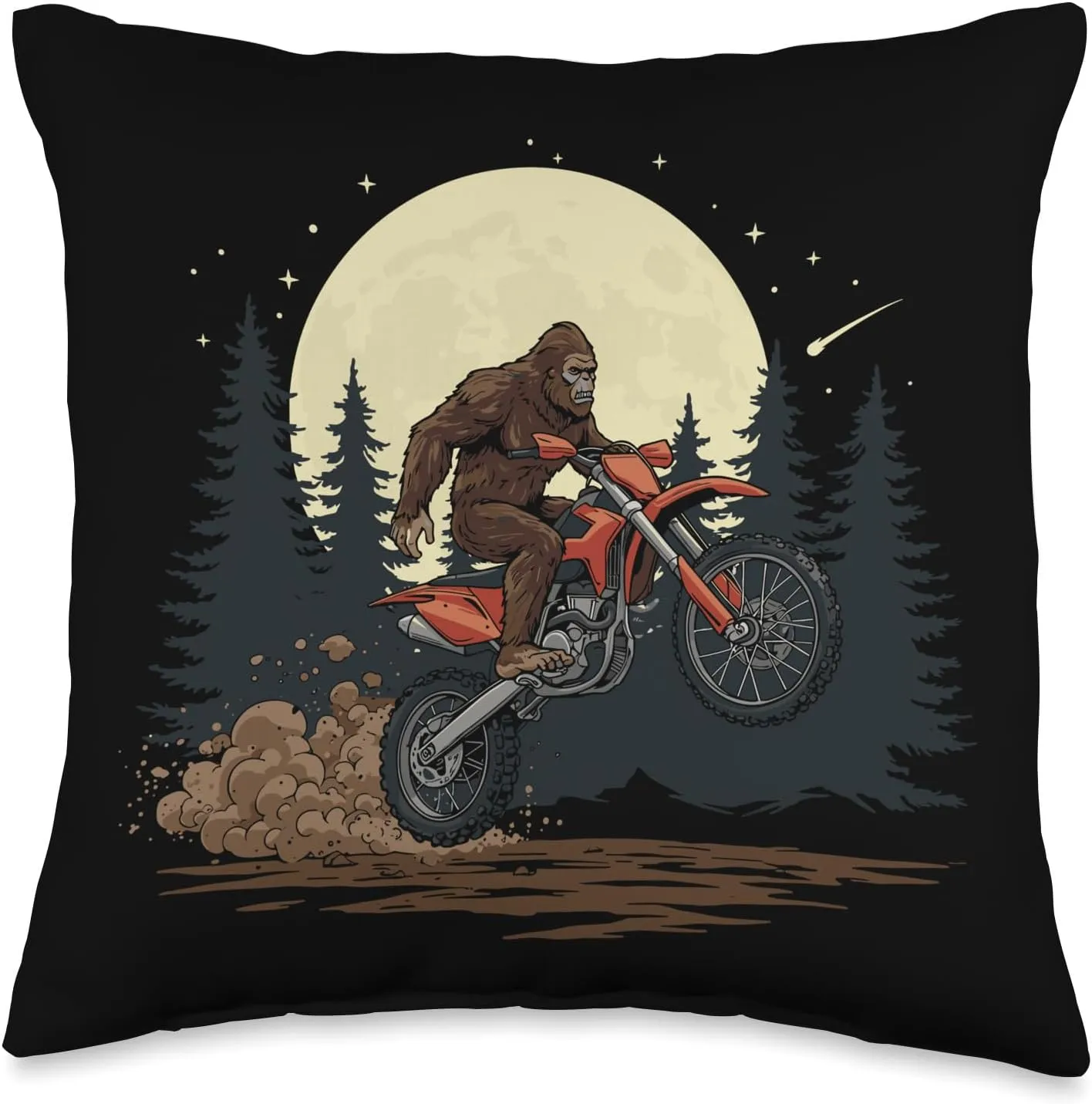 Sasquatch Dirt Bike Leap Under Forest Night Sky Off-Road Fun Throw Pillow