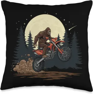 Sasquatch Dirt Bike Leap Under Forest Night Sky Off-Road Fun Throw Pillow