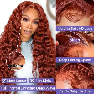 Sathen Reddish Brown Lace Front Wigs Human Hair Pre Plucked 13x6 Deep Wave Wig 200% Density Auburn Colored Reddish Brown 13x6 HD Full Lace Frontal Wig for Women 32 Inch