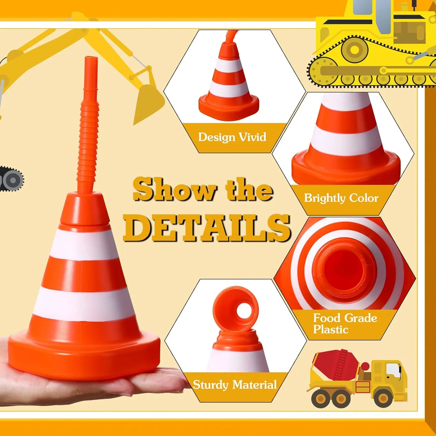 Sawysine 24 Pack Construction Cone Cups with Straws Bulk, Traffic Cones Party Favor 10 oz Plastic Reusable Kids Race Cups Set for Construction Traffic Theme Racing Car Birthday Party Supplies