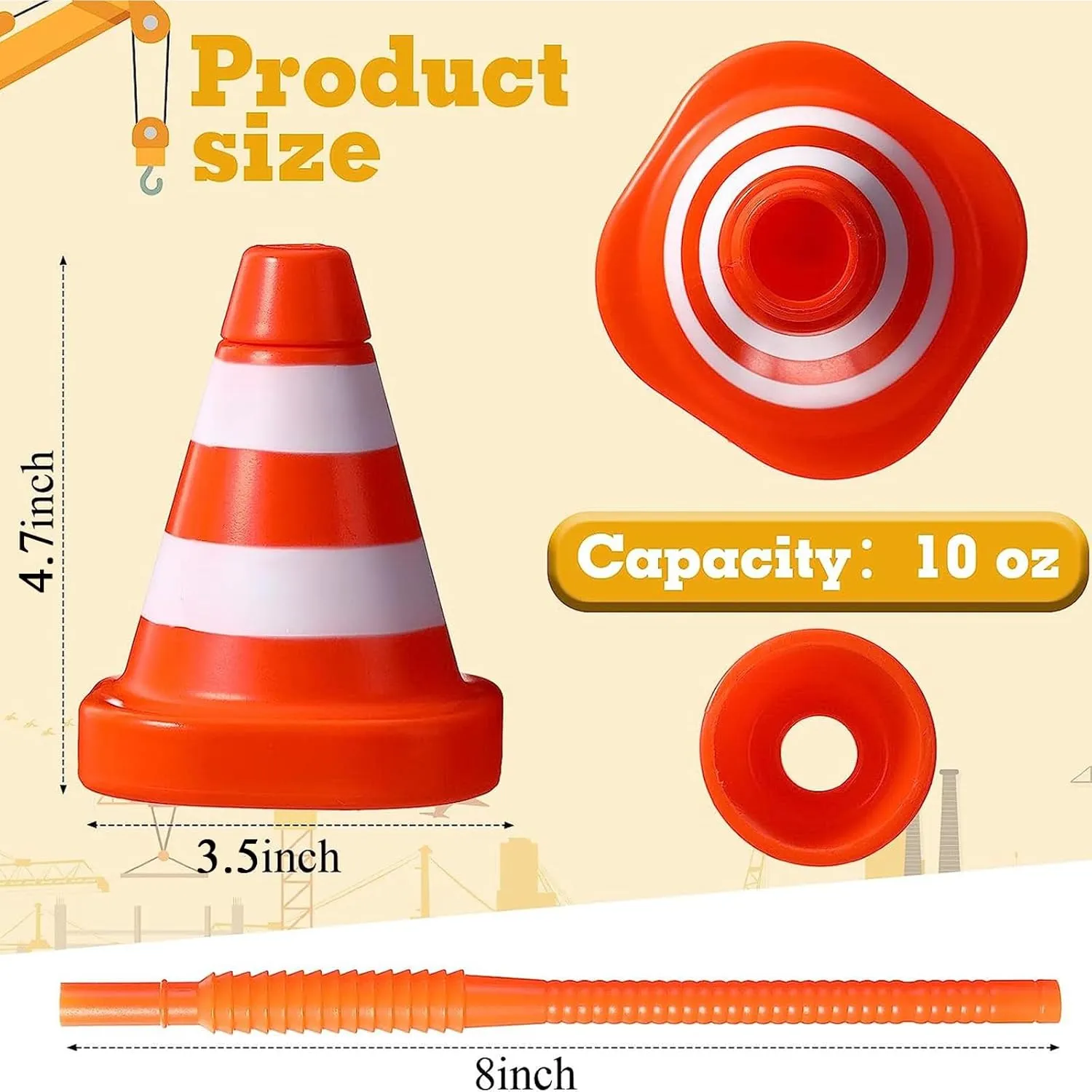 Sawysine 24 Pack Construction Cone Cups with Straws Bulk, Traffic Cones Party Favor 10 oz Plastic Reusable Kids Race Cups Set for Construction Traffic Theme Racing Car Birthday Party Supplies