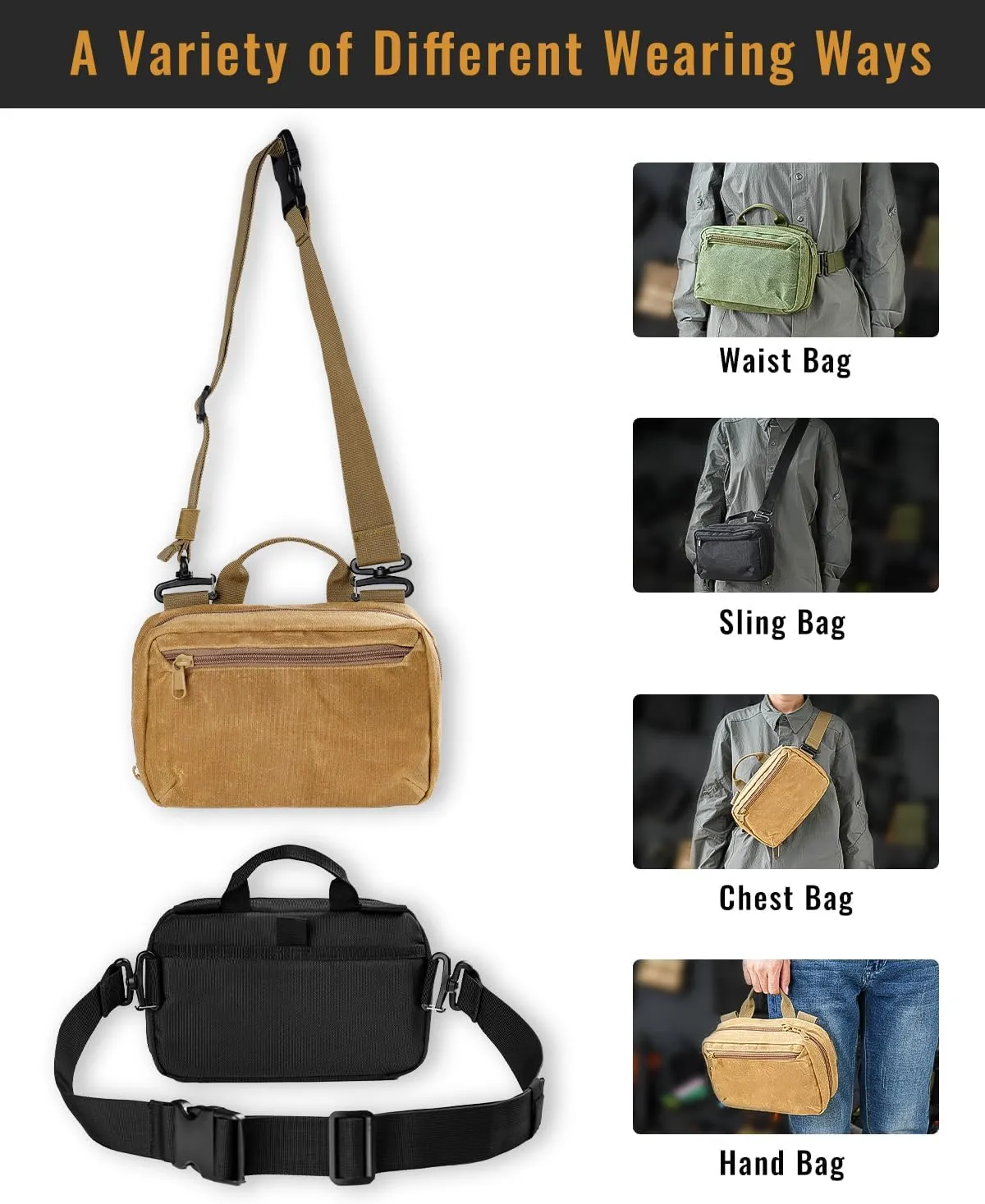 sayram SS1 EDC Sling Bag, Waxed Canvas EDC Sling Backpack, Men's Crossbody Pack Travel Hiking EDC Shoulder Backpack (Waxed canvas-Tan)