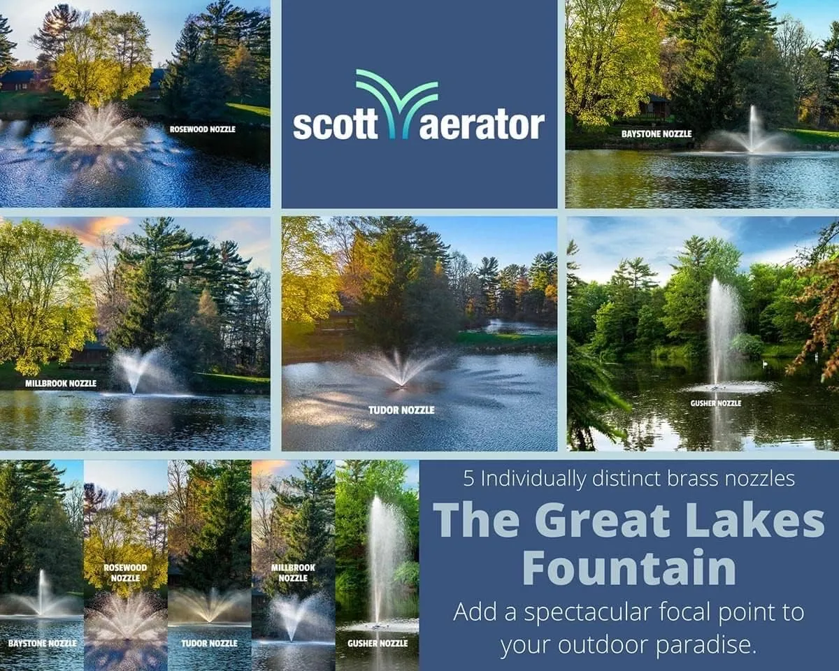 Scott Aerator Great Lakes Large Pond Fountain- 3/4 HP 230V with 200 ft. Cord | Aerating Fountain for Lakes & Ponds | Maintenance Free Stainless Steel | 5 Pattern | Nozzles Included