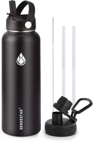 SENDESTAR Stainless Steel Water Bottle, Wide Mouth 32 oz Water Bottle with Straw Lid, Spout Lid, Double Wall Vacuum Insulated Leak Proof, Keeps Liquids Hot or Cold (Black)