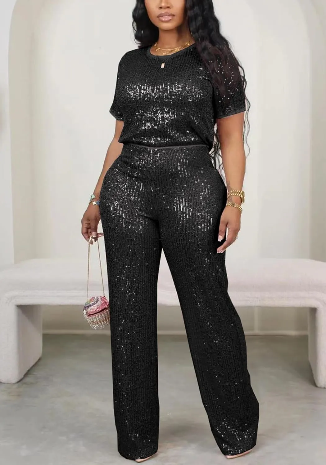 Sequin 2 Piece Outfit for Women Sparkle Wide Leg Pants Set Crew Neck Top Shiny Clubwear