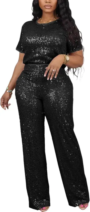 Sequin 2 Piece Outfit for Women Sparkle Wide Leg Pants Set Crew Neck Top Shiny Clubwear