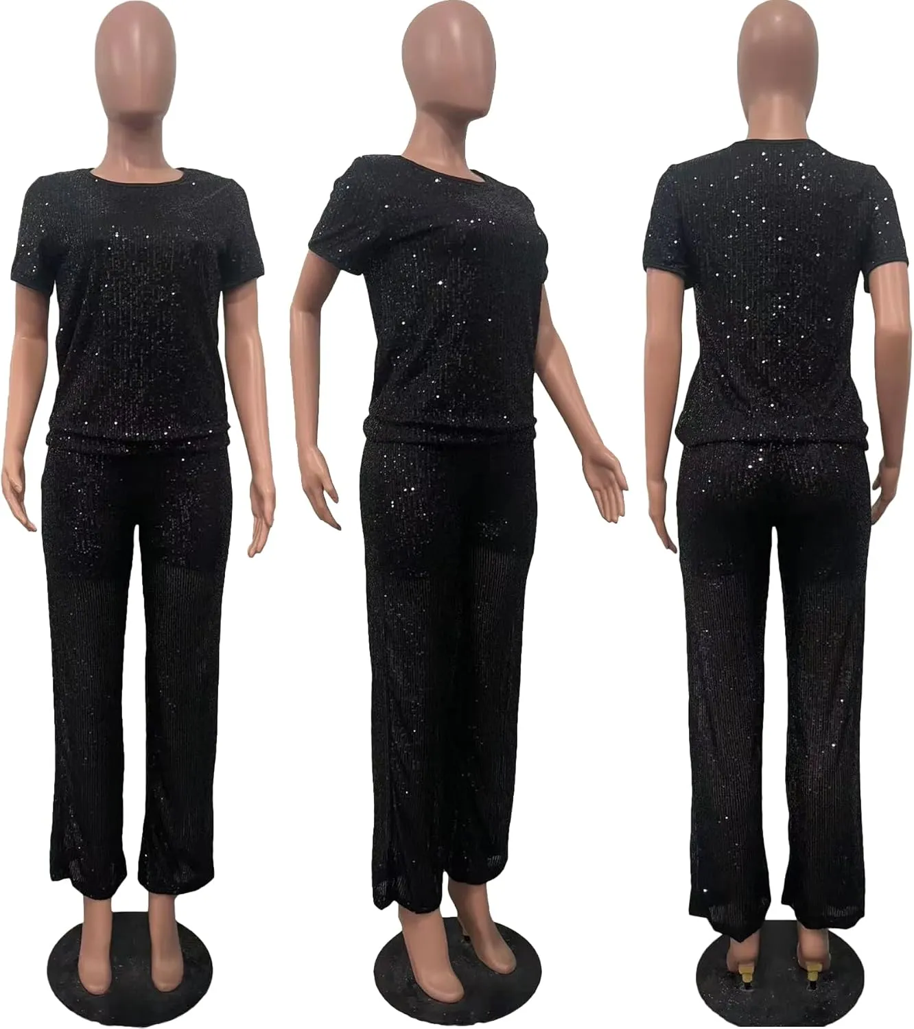 Sequin 2 Piece Outfit for Women Sparkle Wide Leg Pants Set Crew Neck Top Shiny Clubwear