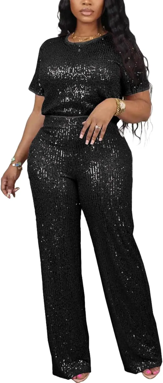 Sequin 2 Piece Outfit for Women Sparkle Wide Leg Pants Set Crew Neck Top Shiny Clubwear