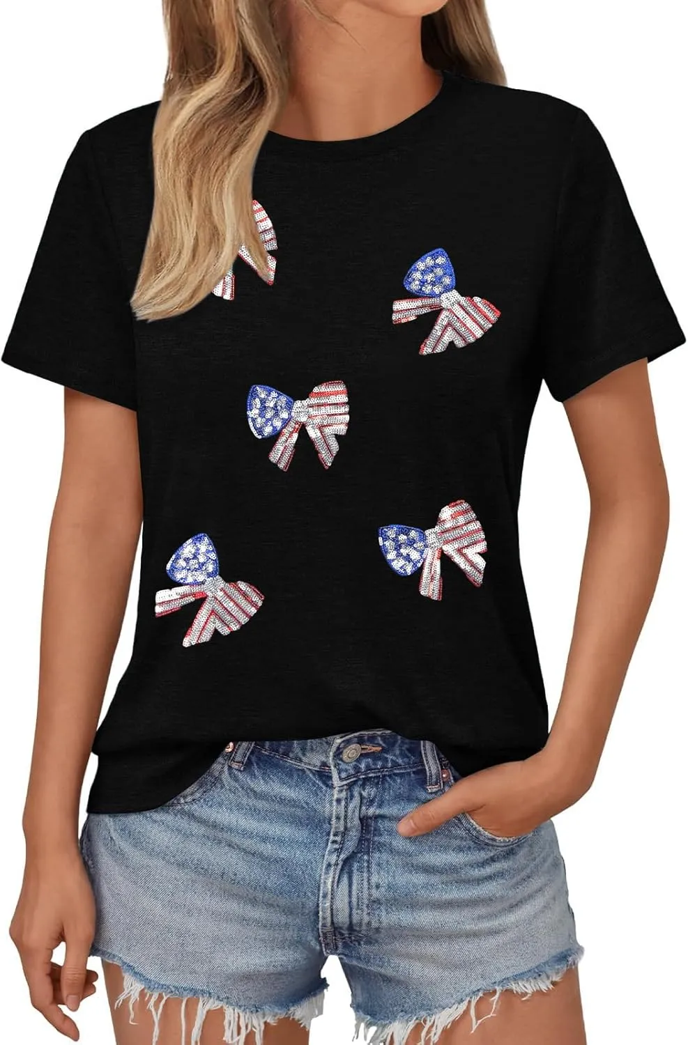 Sequin 4th of July Shirt Women American Flag Tshirt Sequin Fiework Bow Print Outfits Memorial Day Patriotic Tee Tops