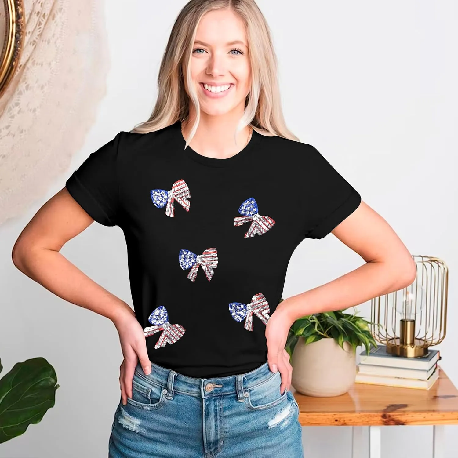 Sequin 4th of July Shirt Women American Flag Tshirt Sequin Fiework Bow Print Outfits Memorial Day Patriotic Tee Tops