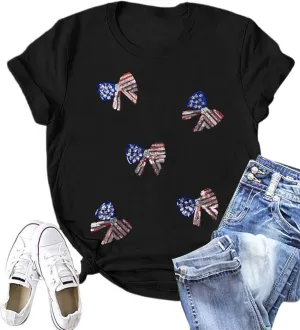 Sequin 4th of July Shirt Women American Flag Tshirt Sequin Fiework Bow Print Outfits Memorial Day Patriotic Tee Tops