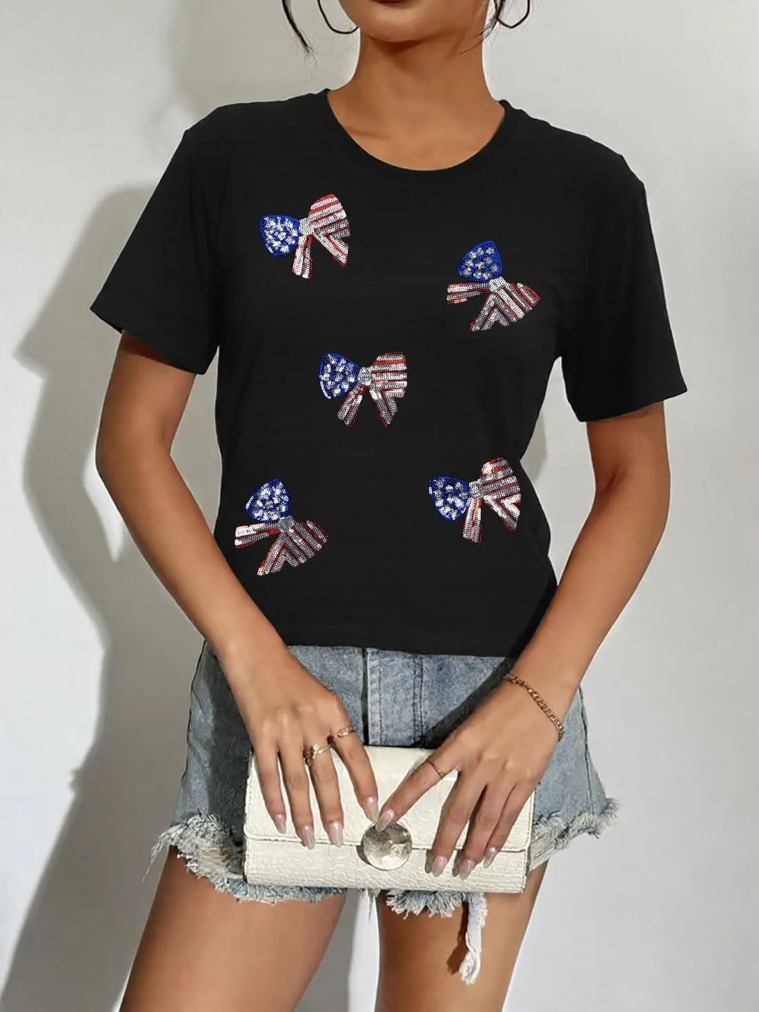 Sequin 4th of July Shirt Women American Flag Tshirt Sequin Fiework Bow Print Outfits Memorial Day Patriotic Tee Tops