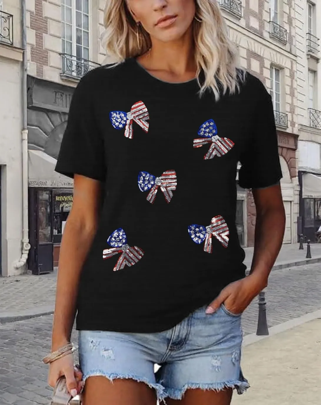Sequin 4th of July Shirt Women American Flag Tshirt Sequin Fiework Bow Print Outfits Memorial Day Patriotic Tee Tops