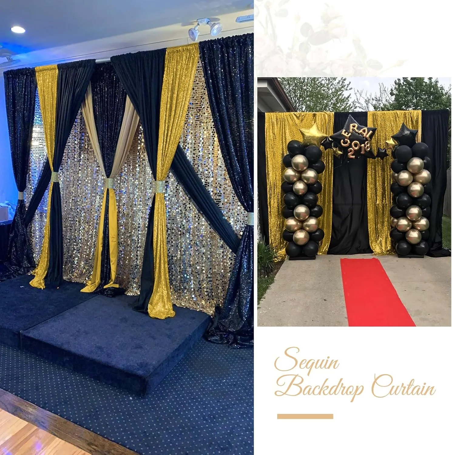 Sequin Backdrop Curtain 4 Panels 2ft x 8ft Wedding Ceremony Background Backdrop Glitter Shimmer Fabric Backdrop Drapes for Photography Props Wedding Arch Bridal Shower Home Decoration (Gold)