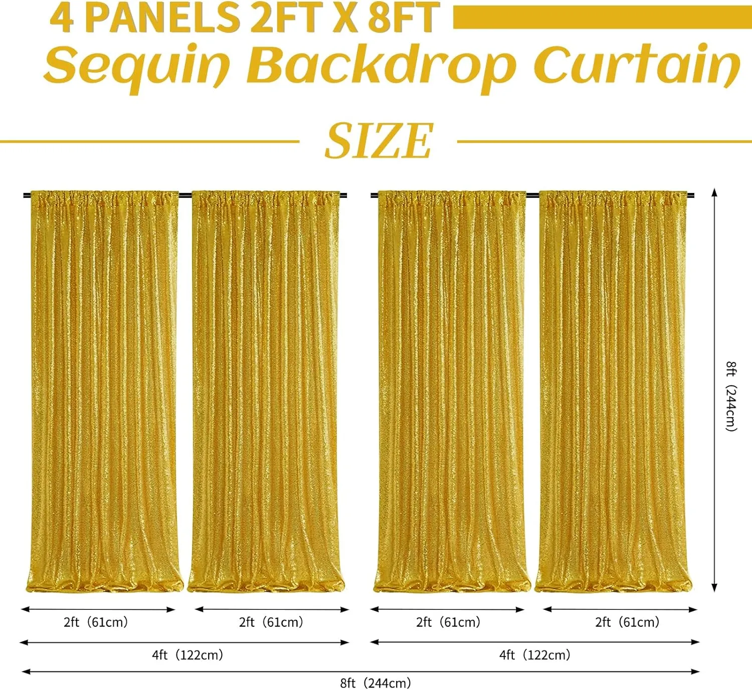 Sequin Backdrop Curtain 4 Panels 2ft x 8ft Wedding Ceremony Background Backdrop Glitter Shimmer Fabric Backdrop Drapes for Photography Props Wedding Arch Bridal Shower Home Decoration (Gold)
