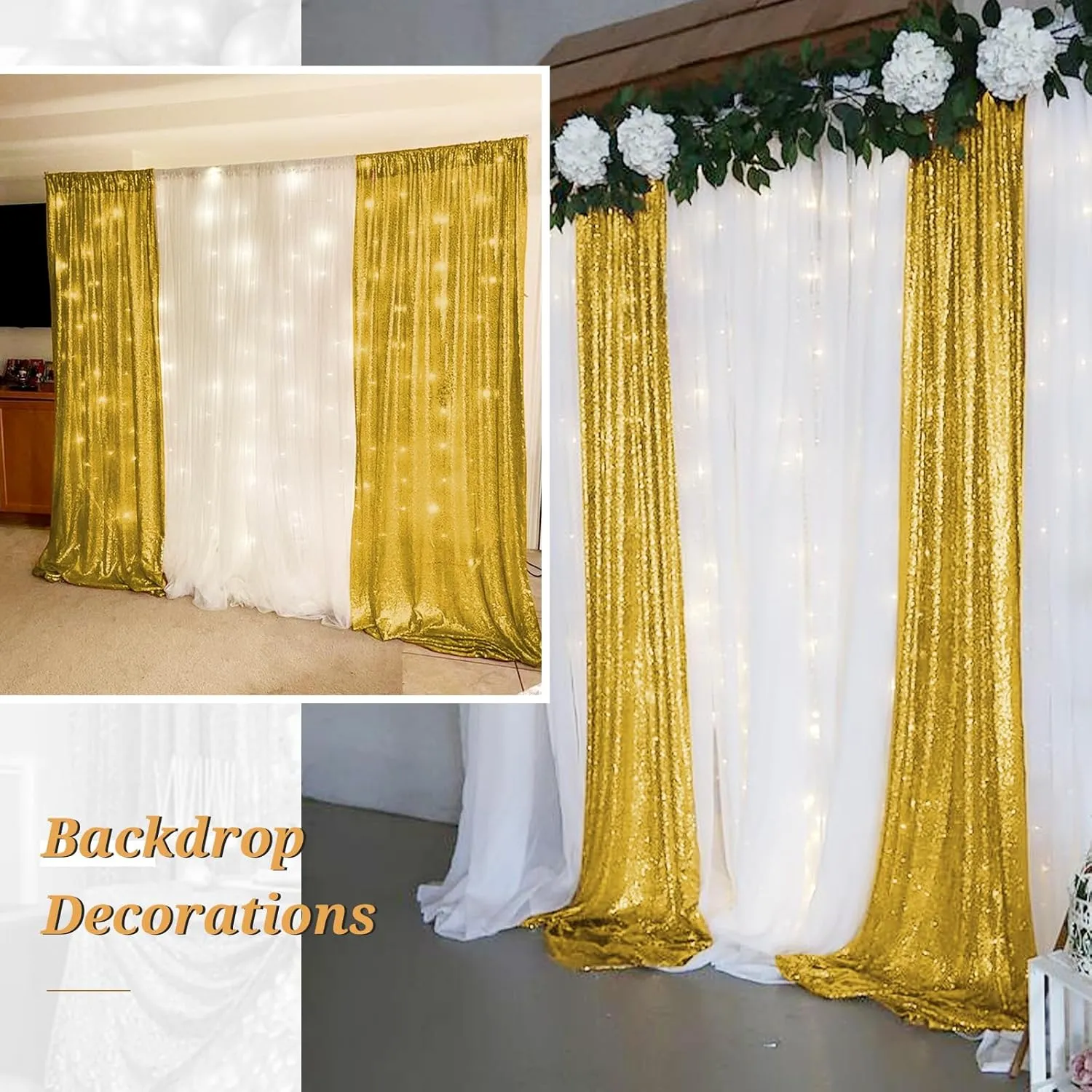 Sequin Backdrop Curtain 4 Panels 2ft x 8ft Wedding Ceremony Background Backdrop Glitter Shimmer Fabric Backdrop Drapes for Photography Props Wedding Arch Bridal Shower Home Decoration (Gold)