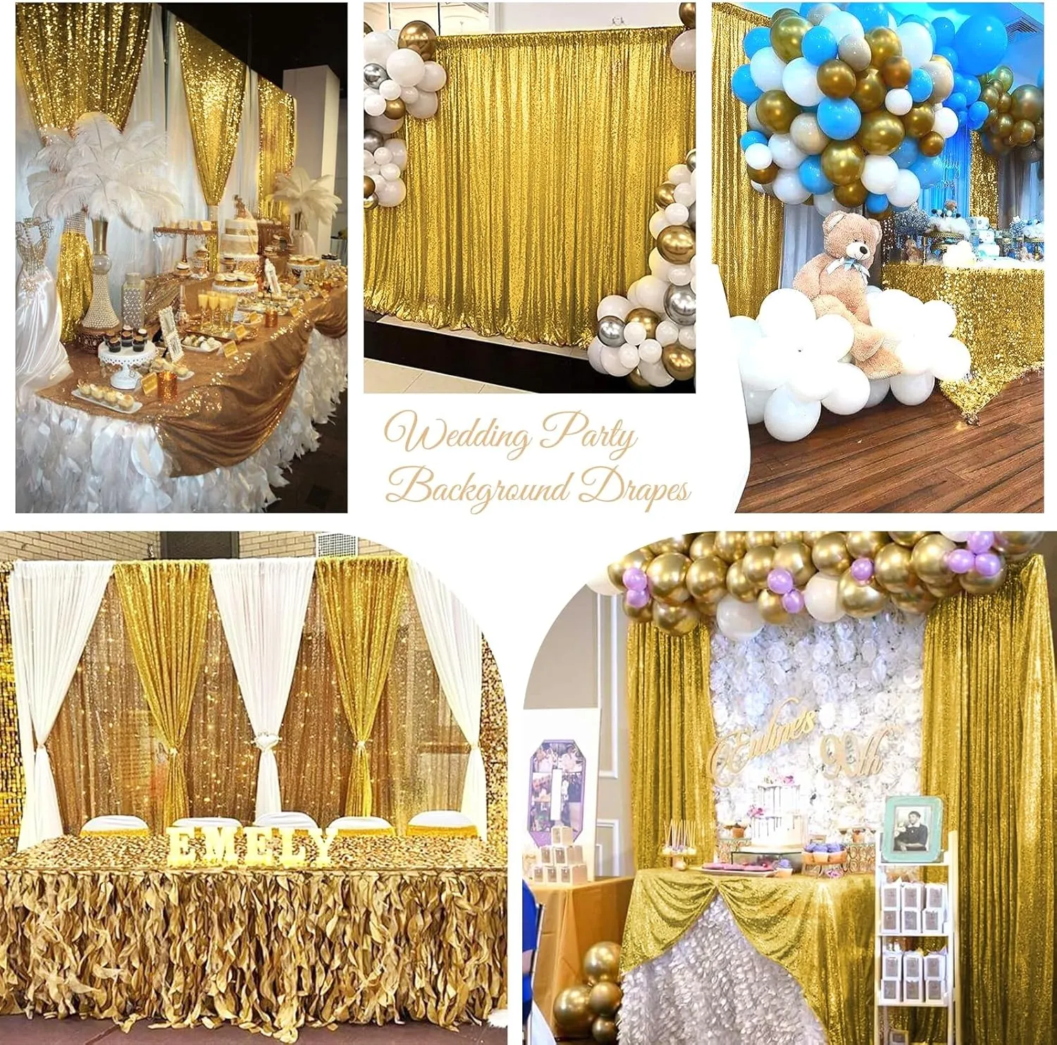 Sequin Backdrop Curtain 4 Panels 2ft x 8ft Wedding Ceremony Background Backdrop Glitter Shimmer Fabric Backdrop Drapes for Photography Props Wedding Arch Bridal Shower Home Decoration (Gold)