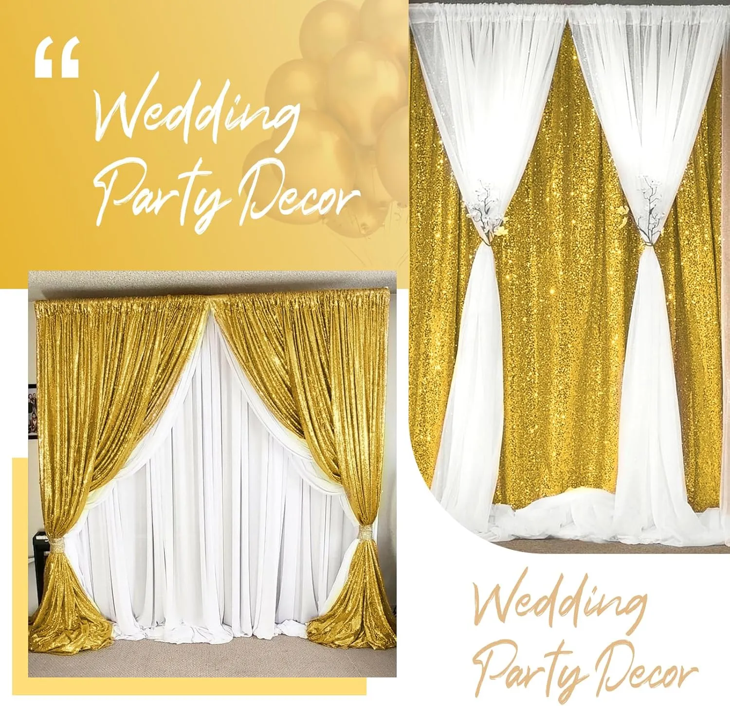 Sequin Backdrop Curtain 4 Panels 2ft x 8ft Wedding Ceremony Background Backdrop Glitter Shimmer Fabric Backdrop Drapes for Photography Props Wedding Arch Bridal Shower Home Decoration (Gold)