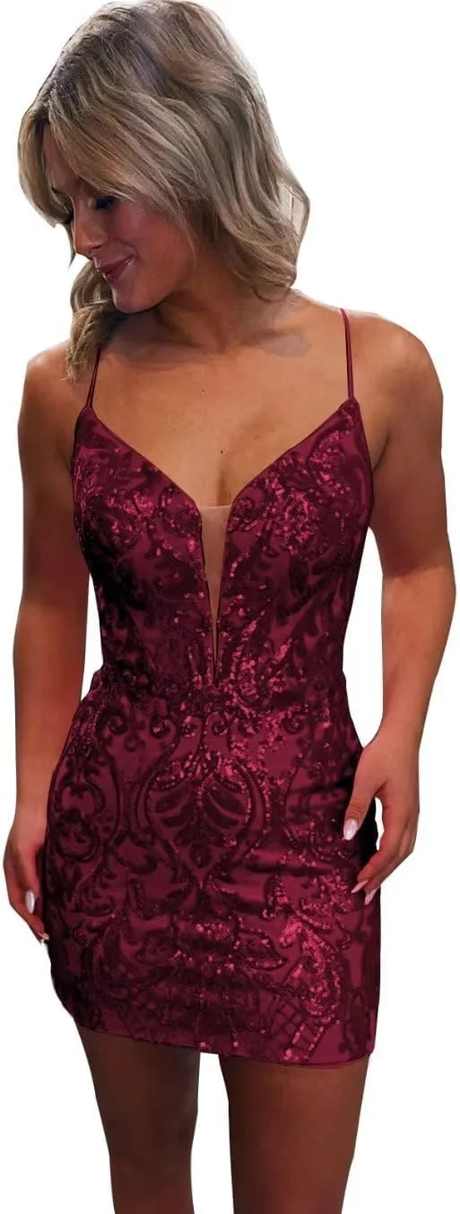 Sequin Lace Tight Homecoming Dresses Sparkly for Teens Spaghetti Straps V Neck Short Prom Dress Mini Cocktail Gown