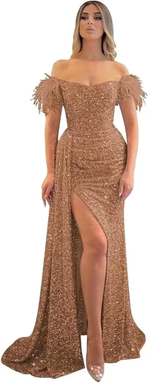 Sequin Off Shoulder Prom Dresses Sparkly Mermaid Formal Dress Feather Long Evening Party Dress with Slit