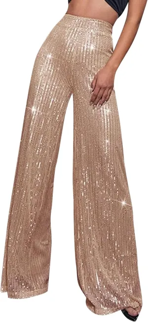 Sequin Pant for Women,2024 Spring Sparkly Glitter High Waist Wide Leg Palazzo Pant Party Club Trouser Bling Legging
