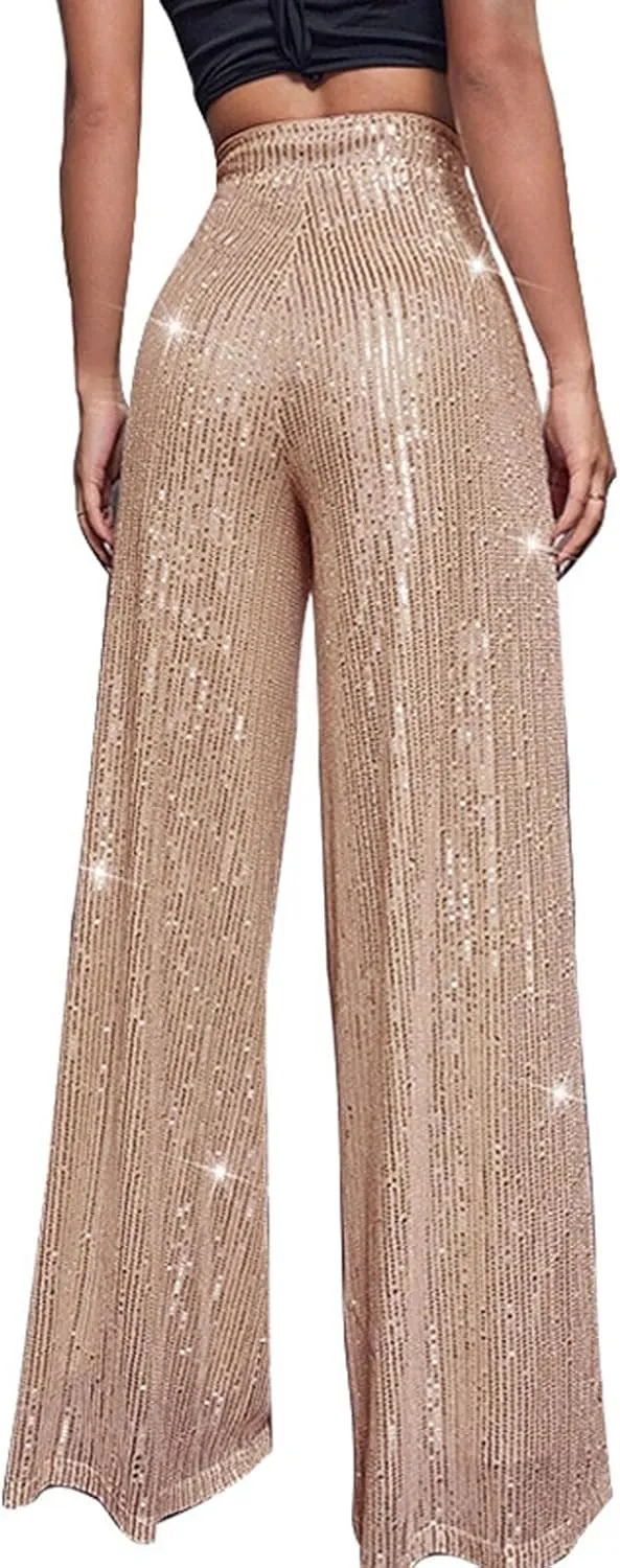 Sequin Pant for Women,2024 Spring Sparkly Glitter High Waist Wide Leg Palazzo Pant Party Club Trouser Bling Legging