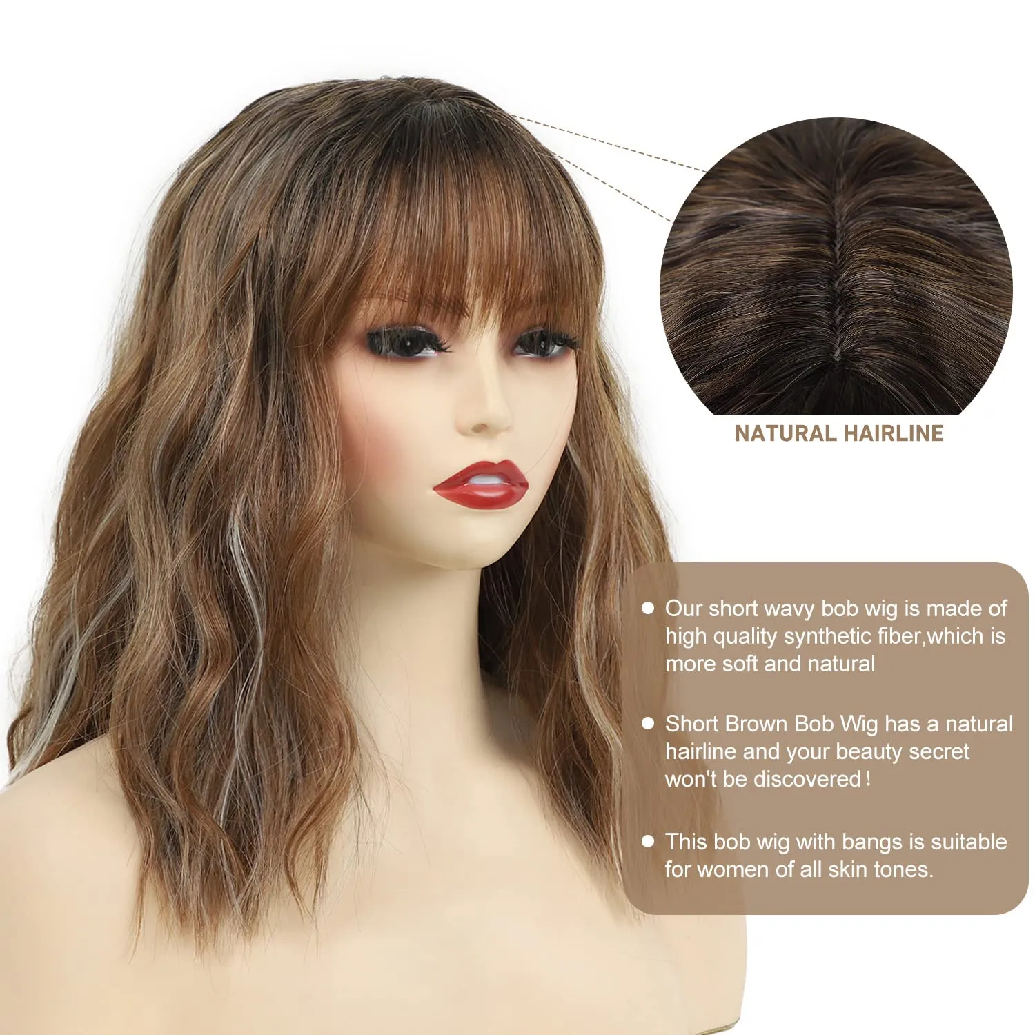 SEVENCOLORS Brown Wavy Bob Wigs with Bangs for Women Natural Medium Length Curly Wigs Synthetic Hair Short Brown Blonde Wig for Daily Party Use