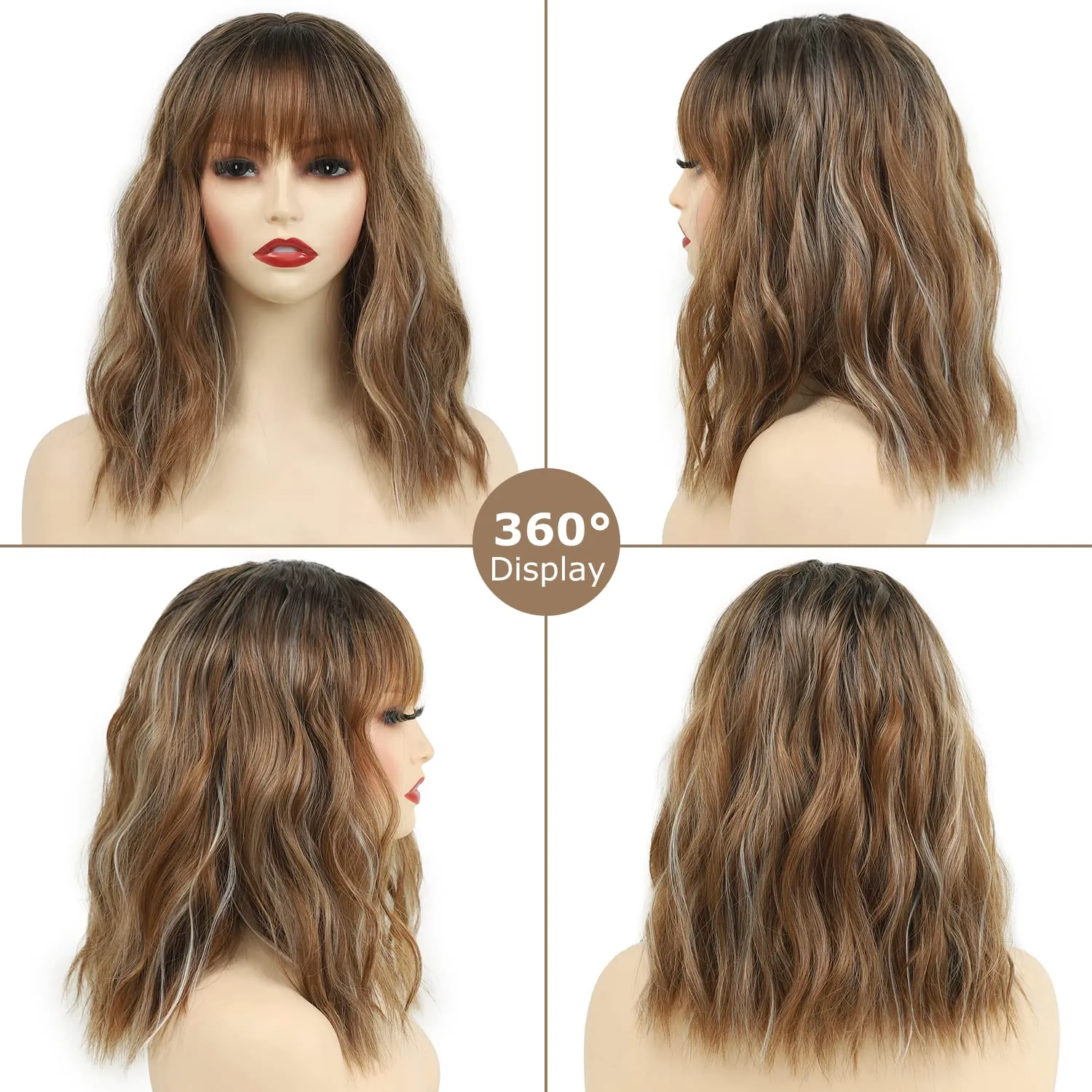 SEVENCOLORS Brown Wavy Bob Wigs with Bangs for Women Natural Medium Length Curly Wigs Synthetic Hair Short Brown Blonde Wig for Daily Party Use