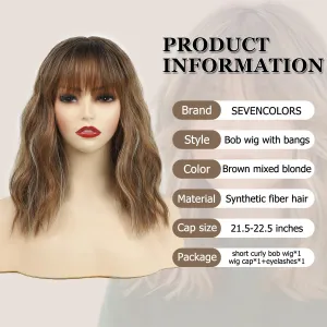 SEVENCOLORS Brown Wavy Bob Wigs with Bangs for Women Natural Medium Length Curly Wigs Synthetic Hair Short Brown Blonde Wig for Daily Party Use