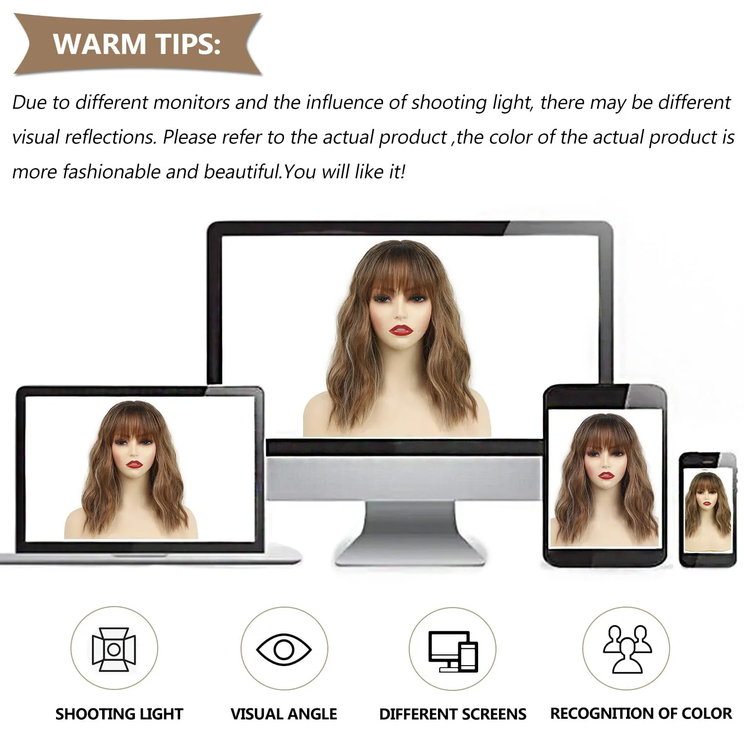 SEVENCOLORS Brown Wavy Bob Wigs with Bangs for Women Natural Medium Length Curly Wigs Synthetic Hair Short Brown Blonde Wig for Daily Party Use