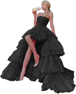 Sevintage High Low Tulle Prom Dress for Women Long Strapless Layered Formal Party Dresses with Train