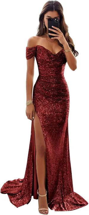 Sevintage Sequin Mermaid Prom Dress for Women Long Off Shoulder Sparkly Bridesmaid Dresses Slit Formal Gown