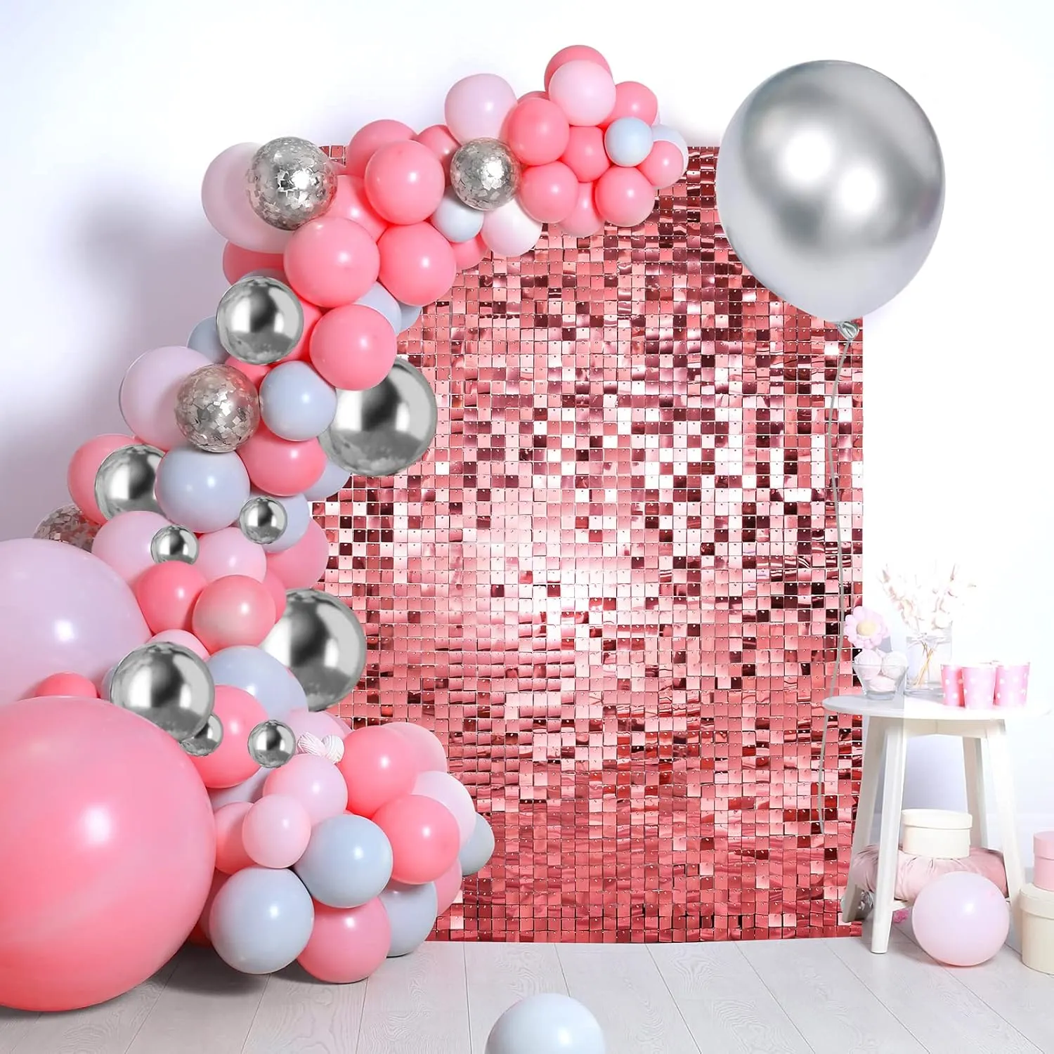Shimmer Wall Backdrop Shimmer Wall Panels - 24 Panels Square Sequin Shimmer Backdrop for Birthday Decorations Wedding & Graduation Party Supplies (Pink)